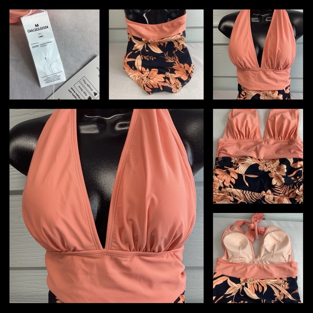 Peach top floral bottom one piece swimsuit.40-M/40-L - Picture 5 of 6
